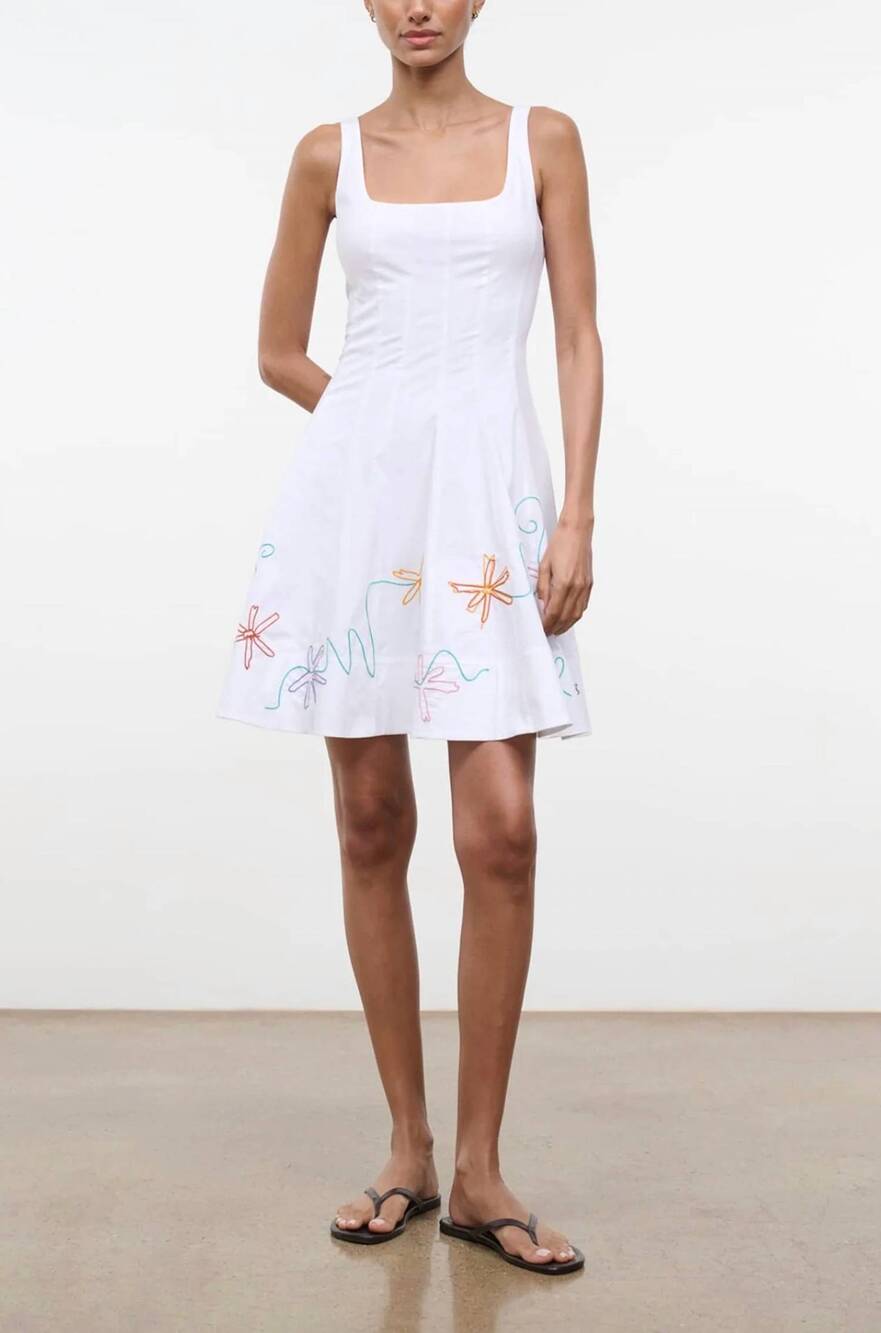 NEW STAUD wells mini dress in white multi embroidery